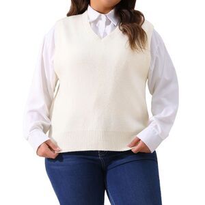 Plus Size V Neck Striped Knit Casual Pullover Sweater Vests White